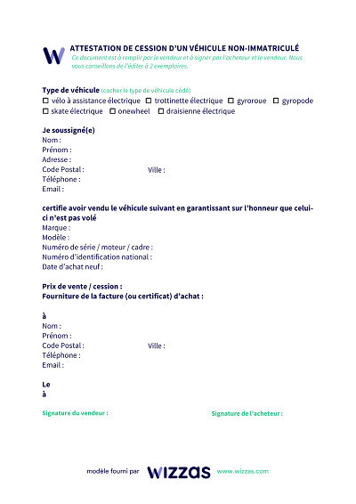 Cession véhicule - Attestation vente véhicule non immatriculé
