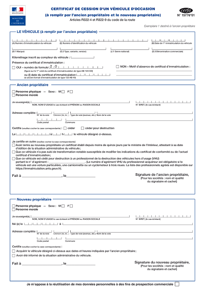 Cession véhicule - Cession de véhicule d’occasion entre particuliers