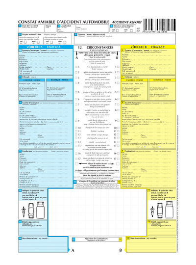 Constat amiable - Formulaire de déclaration après accident auto