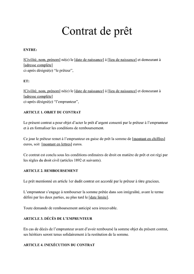 Contrat de prêt - Contrat type de prêt d’argent
