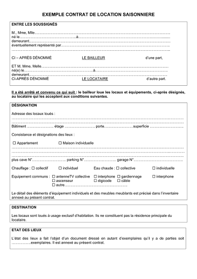 Contrat saisonnier - Exemple de contrat de location saisonnière.