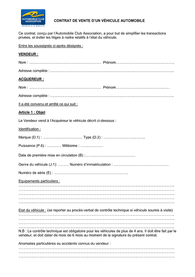 Contrat vente auto - Modèle de contrat de vente d’un véhicule entre particuliers