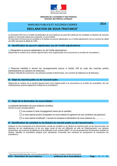 DC4 Ministère - Formulaire DC4 ministériel de sous-traitance