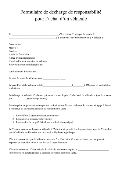 Décharge véhicule - Décharge de responsabilité pour vente véhicule