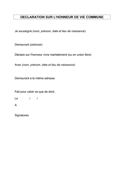 Décl. Vie Commune - Déclaration sur l'honneur de vie commune