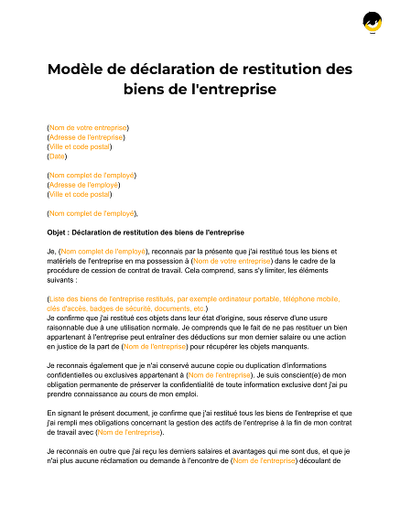 Déclaration retour - Déclaration de restitution des biens d'entreprise.