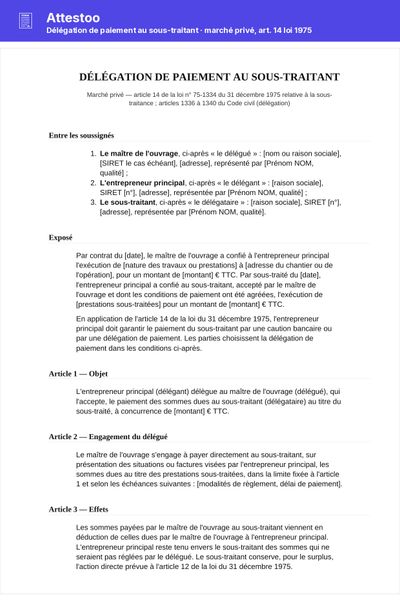 Délégation de paiement au sous-traitant (PDF) - Convention tripartite maître de l'ouvrage, entrepreneur principal et sous-traitant, à imprimer et signer