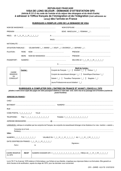 Demande attestation OFII - Formulaire de demande d’attestation OFII pour visa long séjour