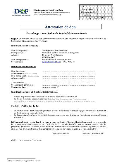 DSF attestation don - Attestation de don à l’association DSF