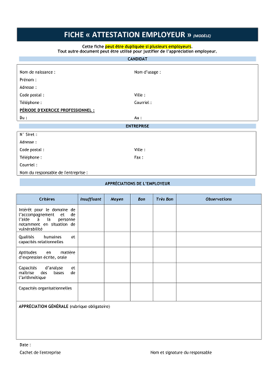Fiche Attestion Employeur - Formulaire d’appréciation employeur pour candidature