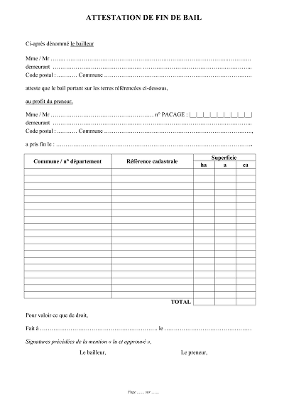 Fin bail terres - Attestation de fin de bail pour terres agricoles