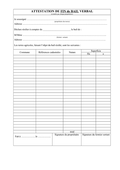 Fin bail verbal - Attestation de fin de bail verbal