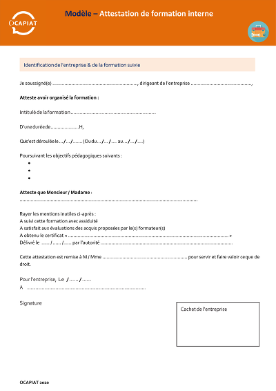 Attest interne annexe - Modèle annexe d'attestation de formation interne
