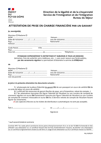 Garant visa étudiant - Formulaire officiel garant prise en charge visa