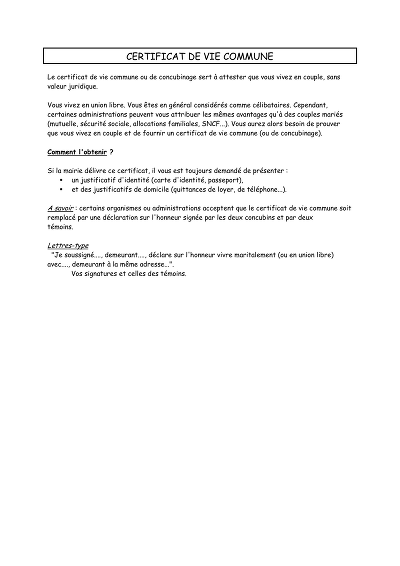 Guide Vie Commune - Obtention et modèle attestation vie commune