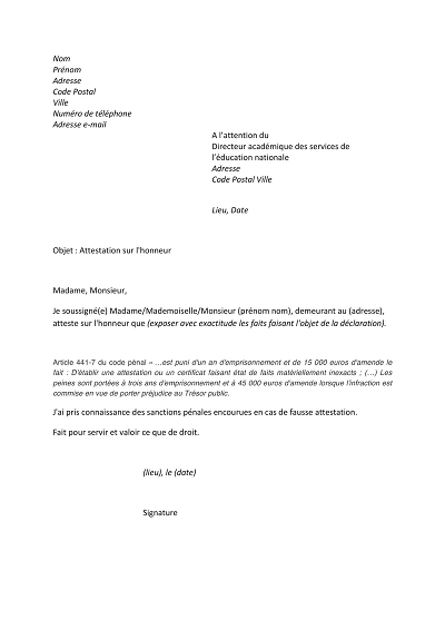 Attestation honneur - Modèle d’attestation sur l’honneur générique