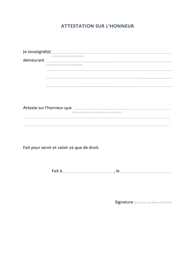 Honneur Général - Modèle simple d'attestation sur l'honneur à remplir