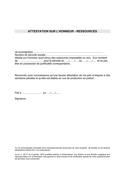 Honneur Ressources - Attestation sur l'honneur de ressources déclarées