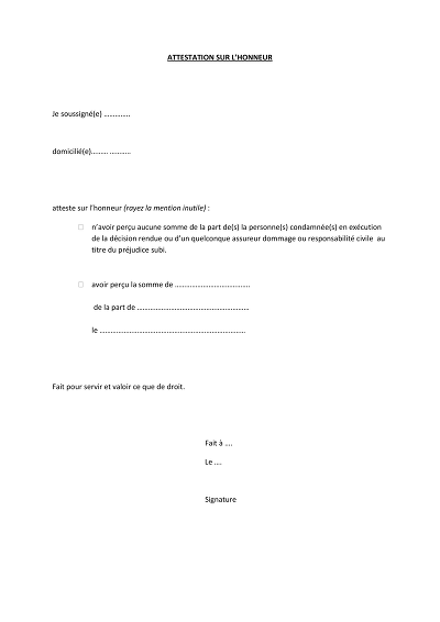 Honneur Sommes - Attestation sur l'honneur de sommes perçues ou non