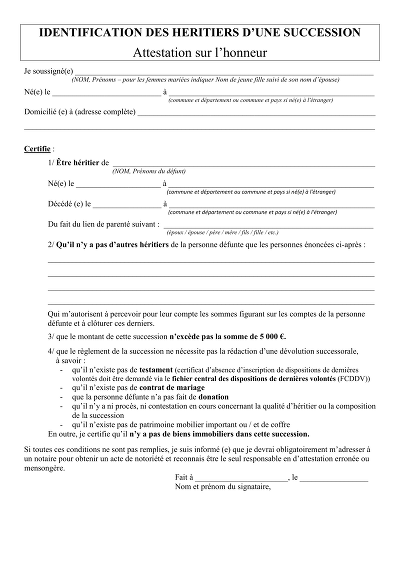 ID des héritiers - Attestation des héritiers pour succession modeste