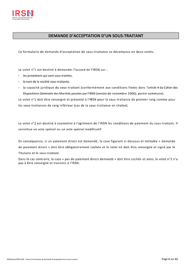 IRSN Sous-traitant - Formulaire acceptation et paiement direct