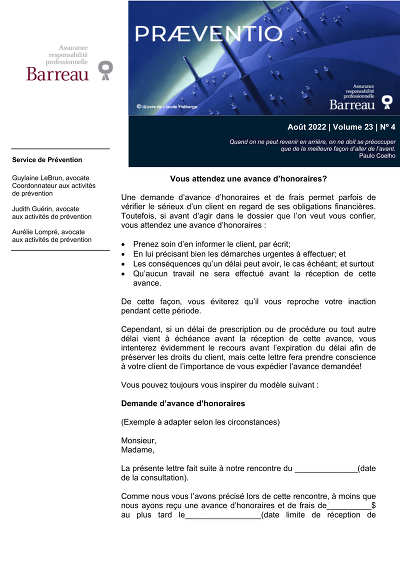 Lettre avance honoraires - Modèle de lettre pour avance d’honoraires