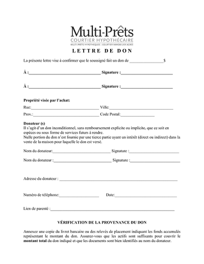 Lettre don immobilier - Lettre attestant un don pour achat immobilier.