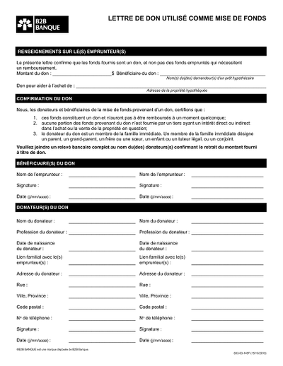 Lettre don fonds prêt - Lettre confirmant un don comme mise de fonds hypothécaire.