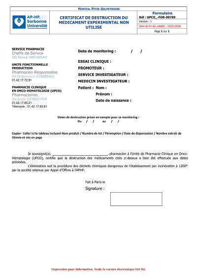 Médicaments détruits - Certificat de destruction de médicament expérimental.