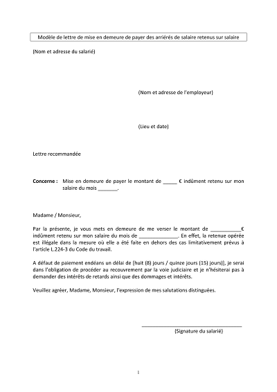 Mise-demeure salaire - Lettre pour exiger paiement arriérés de salaire