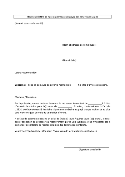 Mise-demeure salaires - Lettre exige paiement arriérés de salaire impayés