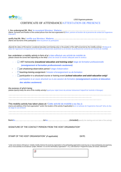 Mobility Attendance - Certificate of attendance pour activité de mobilité