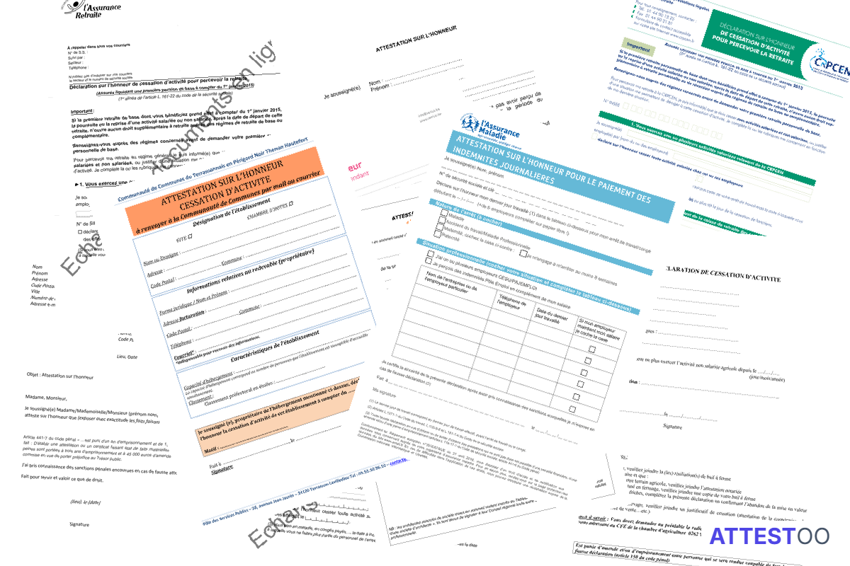 Modèle d'attestation sur l'honneur de cessation d'activité