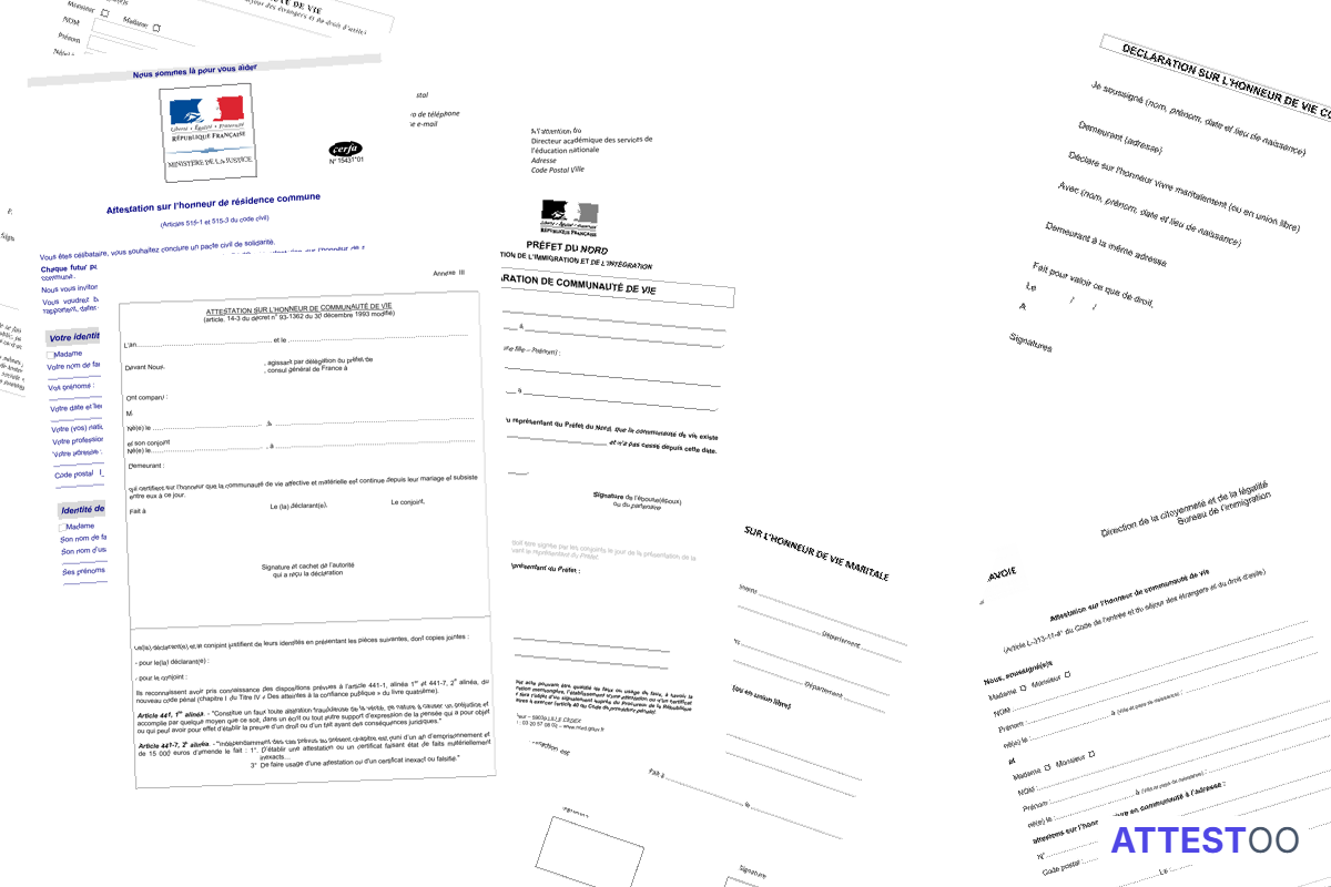 Modèle d'attestation sur l'honneur de vie commune ou concubinage