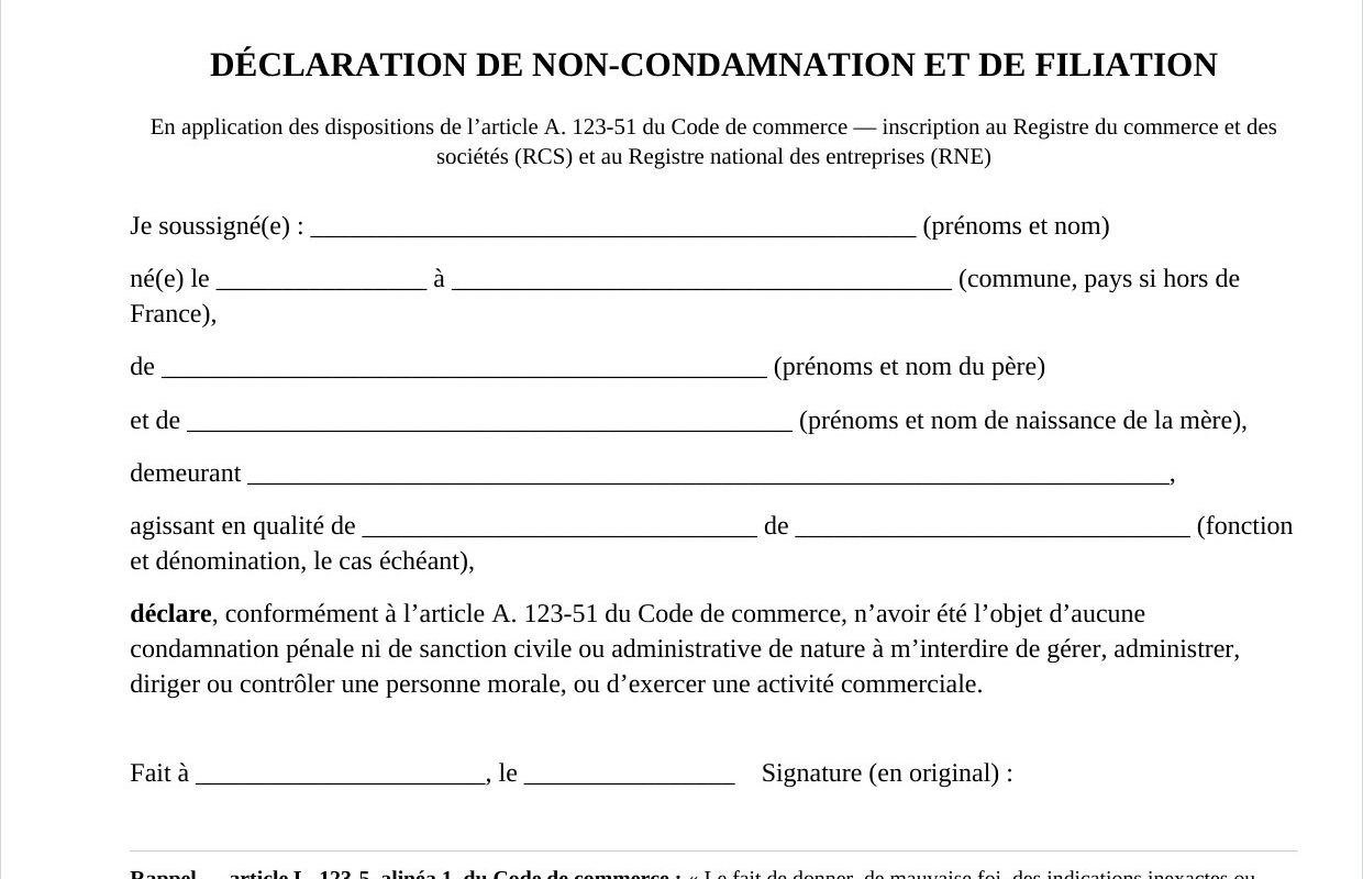 Modèle de déclaration de non-condamnation et de filiation à remplir