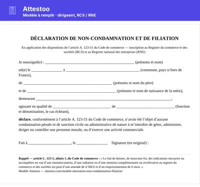 Déclaration non-condamnation (PDF) - Texte de l’article A. 123-51 avec filiation, à imprimer et signer en original