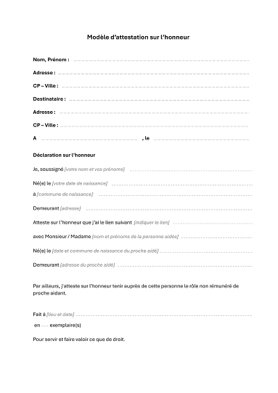 Modèle attestation - Modèle d’attestation sur l’honneur pour aidant