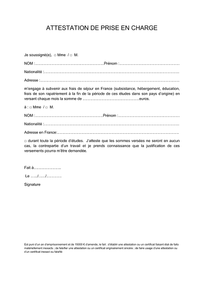 Modèle prise charge - Modèle d'attestation prise en charge séjour