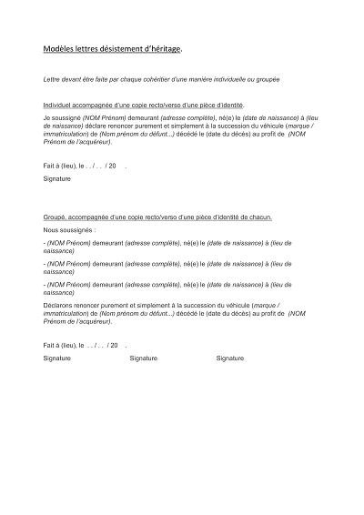 Modèle renonciation - Lettre renonciation succession véhicule