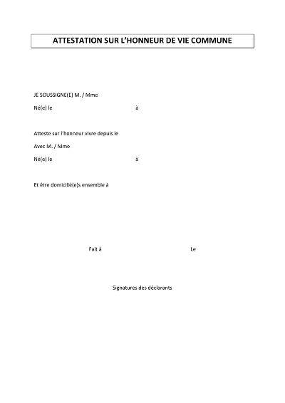 Modèle Vie Commune - Attestation sur l'honneur vie commune modèle