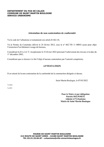 Non contestation conf - Atteste l'absence de contestation de la conformité