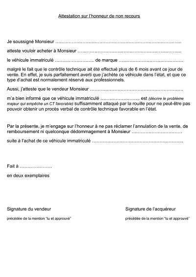 Non recours CT - Atteste achat véhicule sans recours CT expiré