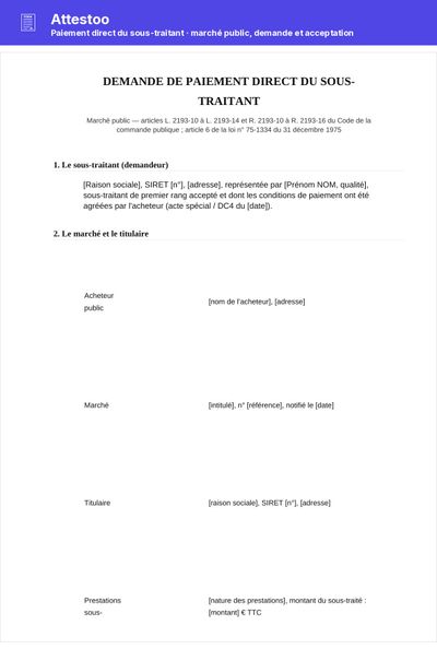Demande de paiement direct du sous-traitant (PDF) - Demande du sous-traitant et attestation d'acceptation du titulaire, à imprimer et signer