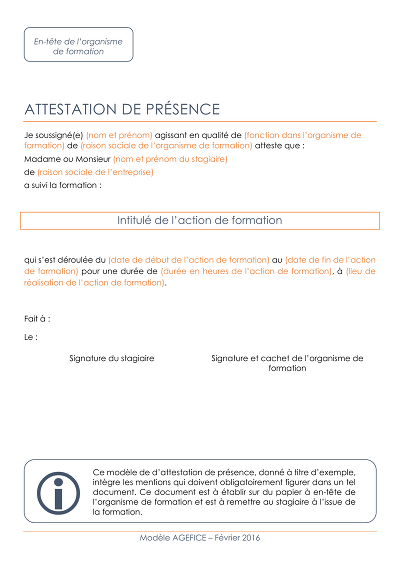 Présence Formation - Modèle attestation de présence pour formation