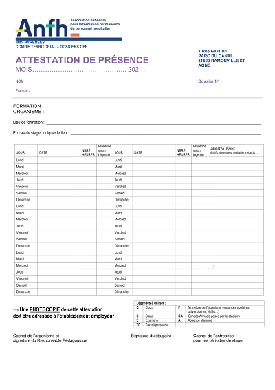 Présence Mensuelle - Tableau modèle d’attestation de présence mensuelle