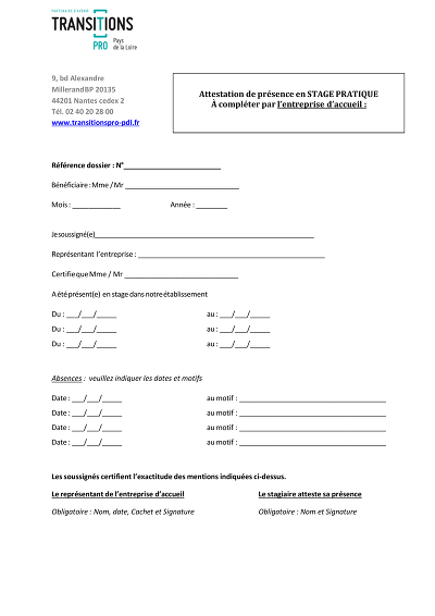 Présence Stage - Modèle d’attestation de présence en stage pratique
