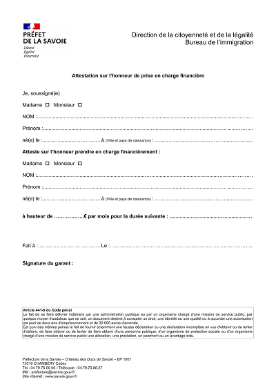 Prise en charge - Attestation honneur soutien financier