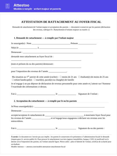 Attestation rattachement fiscal (PDF) - Demande de l’enfant majeur et acceptation des parents, à imprimer et signer