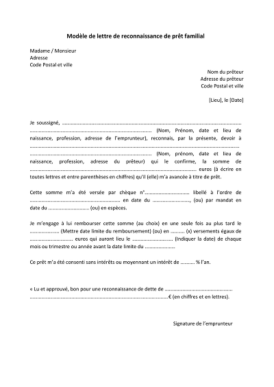 Reconnaissance prêt - Modèle de lettre pour prêt familial