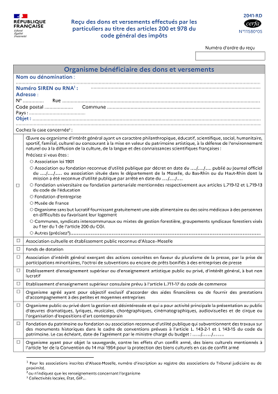 Reçu dons particuliers - Modèle Cerfa de reçu pour dons particuliers